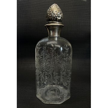 ANTICA BOTTIGLIA DECANTER VITTORIANO OTTAGONALE CRISTALLO MOLATO ARGENTO 800