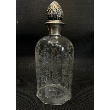 ANTICA BOTTIGLIA DECANTER VITTORIANO OTTAGONALE CRISTALLO MOLATO ARGENTO 800