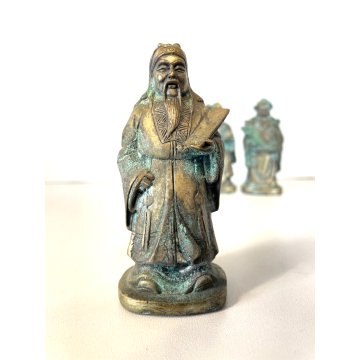 3 FIGURE STATUETTA BRONZO DIVINITA Fu Lu Shou SAGGI FENG SHUI ASTROLOGIA CINESE