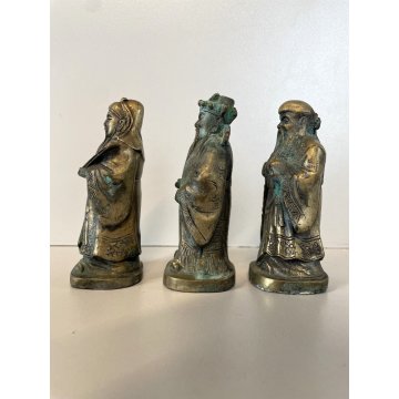 3 FIGURE STATUETTA BRONZO DIVINITA Fu Lu Shou SAGGI FENG SHUI ASTROLOGIA CINESE