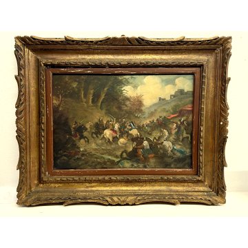 ANTICO QUADRO DIPINTO OLIO SCENA Battaglia CAVALIERI CAVALLI BANDIERA ROSSA '800