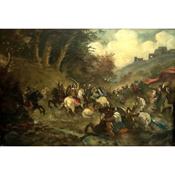 ANTICO QUADRO DIPINTO OLIO SCENA Battaglia CAVALIERI CAVALLI BANDIERA ROSSA '800