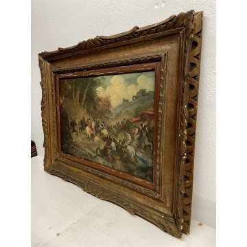 ANTICO QUADRO DIPINTO OLIO SCENA Battaglia CAVALIERI CAVALLI BANDIERA ROSSA '800