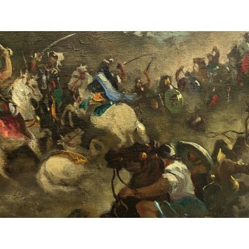 ANTICO QUADRO DIPINTO OLIO SCENA Battaglia CAVALIERI CAVALLI BANDIERA ROSSA '800