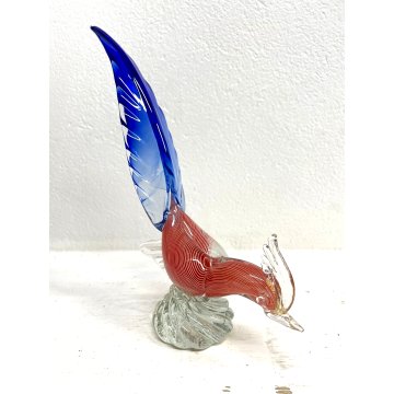 FIGURA GALLO UCCELLO VETRO Murano SOMMERSO BLU ROSSO RIGATO AVVENTURINA ORO '50