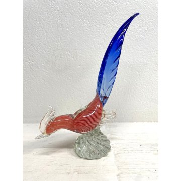 FIGURA GALLO UCCELLO VETRO Murano SOMMERSO BLU ROSSO RIGATO AVVENTURINA ORO '50