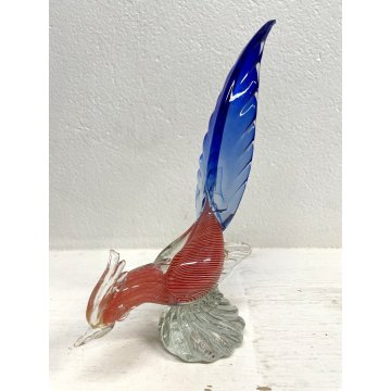 FIGURA GALLO UCCELLO VETRO Murano SOMMERSO BLU ROSSO RIGATO AVVENTURINA ORO '50