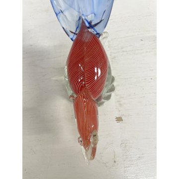 FIGURA GALLO UCCELLO VETRO Murano SOMMERSO BLU ROSSO RIGATO AVVENTURINA ORO '50