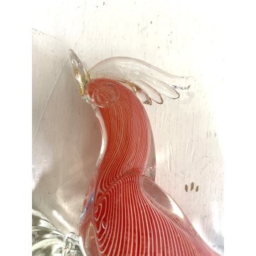 FIGURA GALLO UCCELLO VETRO Murano SOMMERSO BLU ROSSO RIGATO AVVENTURINA ORO '50