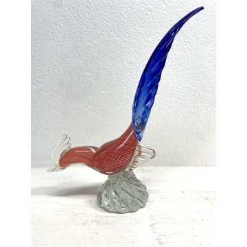 FIGURA GALLO UCCELLO VETRO Murano SOMMERSO BLU ROSSO RIGATO AVVENTURINA ORO '50