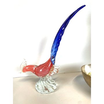 FIGURA GALLO UCCELLO VETRO Murano SOMMERSO BLU ROSSO RIGATO AVVENTURINA ORO '50