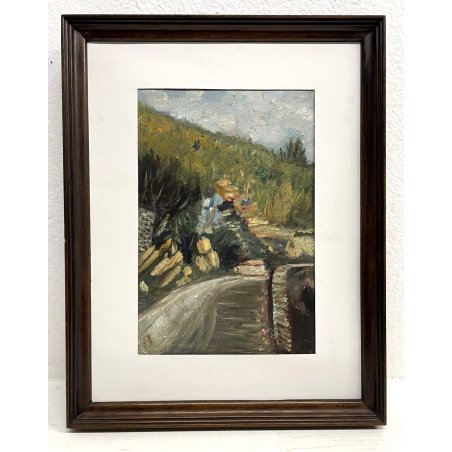 QUADRO DIPINTO OLIO FAESITE VEDUTA PAESAGGIO STRADA COLLINA MONTAGNA '900