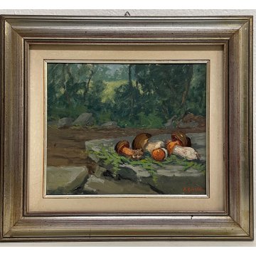 QUADRO DIPINTO OLIO A. Giroldi PAESAGGIO BRUGHIERA NATURA MORTA FUNGHI INVORIO