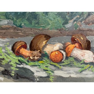 QUADRO DIPINTO OLIO A. Giroldi PAESAGGIO BRUGHIERA NATURA MORTA FUNGHI INVORIO