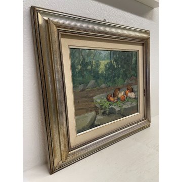 QUADRO DIPINTO OLIO A. Giroldi PAESAGGIO BRUGHIERA NATURA MORTA FUNGHI INVORIO