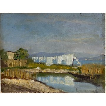 PICCOLO DIPINTO OLIO PAESAGGIO LACUSTRE CASALE PANNI STESI RIVA LAGO BARCA 1944