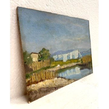 PICCOLO DIPINTO OLIO PAESAGGIO LACUSTRE CASALE PANNI STESI RIVA LAGO BARCA 1944