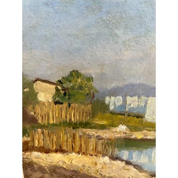 PICCOLO DIPINTO OLIO PAESAGGIO LACUSTRE CASALE PANNI STESI RIVA LAGO BARCA 1944