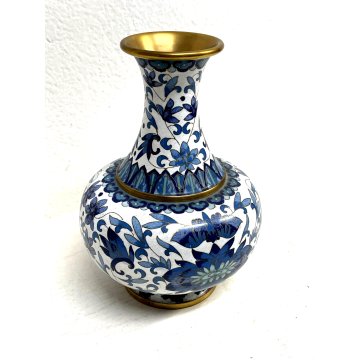 VINTAGE VASO CLOISONNE CINESE BRONZO SMALTO BIANCO DECORO FLOREALE TONI BLU '900