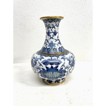 VINTAGE VASO CLOISONNE CINESE BRONZO SMALTO BIANCO DECORO FLOREALE TONI BLU '900