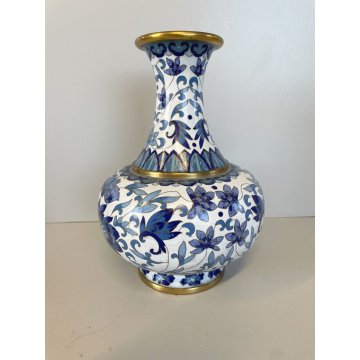 VINTAGE VASO CLOISONNE CINESE BRONZO SMALTO BIANCO DECORO FLOREALE TONI BLU '900