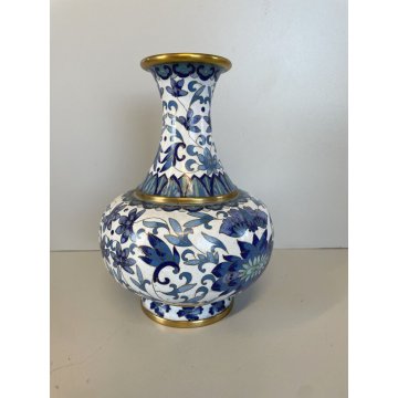 VINTAGE VASO CLOISONNE CINESE BRONZO SMALTO BIANCO DECORO FLOREALE TONI BLU '900