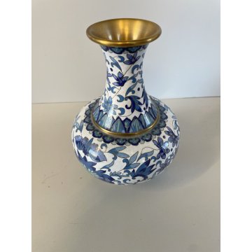 VINTAGE VASO CLOISONNE CINESE BRONZO SMALTO BIANCO DECORO FLOREALE TONI BLU '900