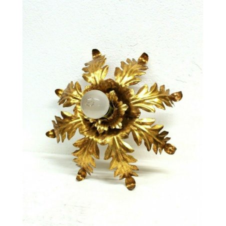 ANTICA APPLIQUE PLAFONIERA FERRO BATTUTO DORATA FOGLIE D'ACANTO UNA LUCE '900