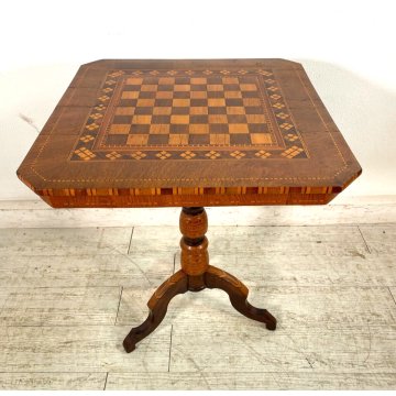 ANTICO TAVOLINO LEGNO INTARSIATO GIOCO SCACCHI TORNITO TAVOLO SALOTTO VINTAGE