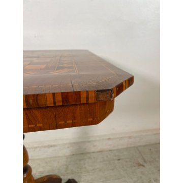 ANTICO TAVOLINO LEGNO INTARSIATO GIOCO SCACCHI TORNITO TAVOLO SALOTTO VINTAGE