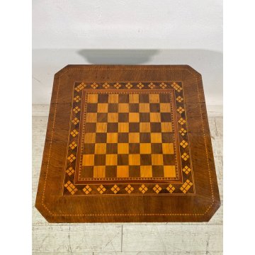 ANTICO TAVOLINO LEGNO INTARSIATO GIOCO SCACCHI TORNITO TAVOLO SALOTTO VINTAGE