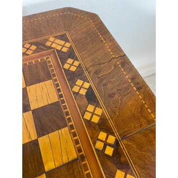 ANTICO TAVOLINO LEGNO INTARSIATO GIOCO SCACCHI TORNITO TAVOLO SALOTTO VINTAGE