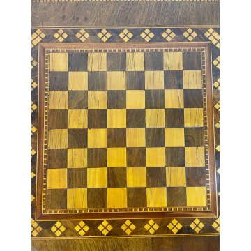 ANTICO TAVOLINO LEGNO INTARSIATO GIOCO SCACCHI TORNITO TAVOLO SALOTTO VINTAGE