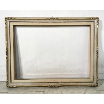 GRANDE ANTICA CORNICE BIANCA DORATA LEGNO SCOLPITO 83 cm x 63 cm EPOCA '900