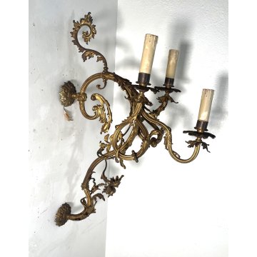 GRANDE APPLIQUE BRONZO DORATO 85 CM STILE LUIGI XVI LAMPADA da PARETE TRE FIAMME