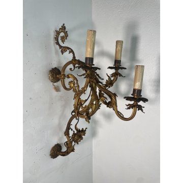 GRANDE APPLIQUE BRONZO DORATO 85 CM STILE LUIGI XVI LAMPADA da PARETE TRE FIAMME