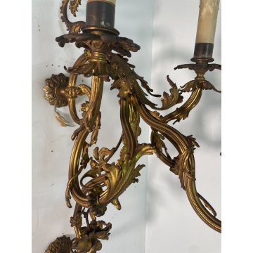 GRANDE APPLIQUE BRONZO DORATO 85 CM STILE LUIGI XVI LAMPADA da PARETE TRE FIAMME