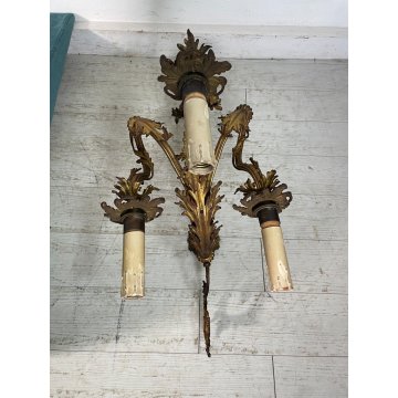 GRANDE APPLIQUE BRONZO DORATO 85 CM STILE LUIGI XVI LAMPADA da PARETE TRE FIAMME