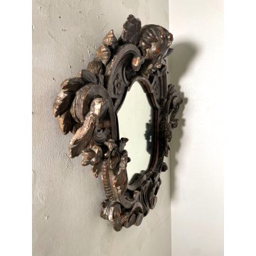 ANTICO SPECCHIO CORNICE LEGNO ORNATO INTAGLIATO FOGLIA ARGENTO PUTTO XVIII sec.