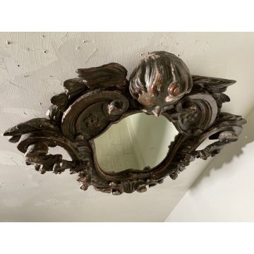 ANTICO SPECCHIO CORNICE LEGNO ORNATO INTAGLIATO FOGLIA ARGENTO PUTTO XVIII sec.