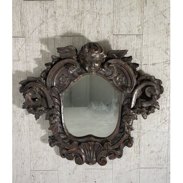 ANTICO SPECCHIO CORNICE LEGNO ORNATO INTAGLIATO FOGLIA ARGENTO PUTTO XVIII sec.