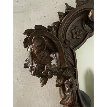 ANTICO SPECCHIO CORNICE LEGNO ORNATO INTAGLIATO FOGLIA ARGENTO PUTTO XVIII sec.