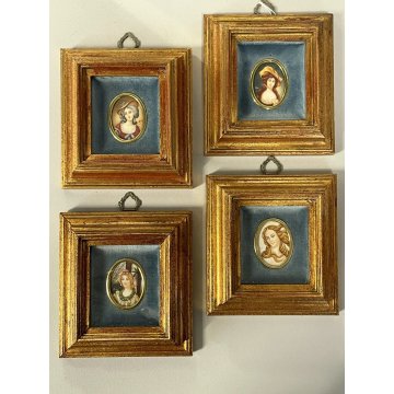 set 4 pezzi ANTICA MINIATURA dipinto a mano RITRATTO NOBILE DONNA VENERE CORNICE