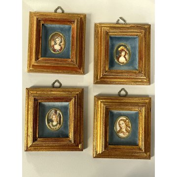 set 4 pezzi ANTICA MINIATURA dipinto a mano RITRATTO NOBILE DONNA VENERE CORNICE