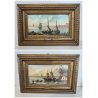 COPPIA ANTICO QUADRO olio tavola DIPINTO Ruffoni MARINA PESCATORI BARCHE A VELA
