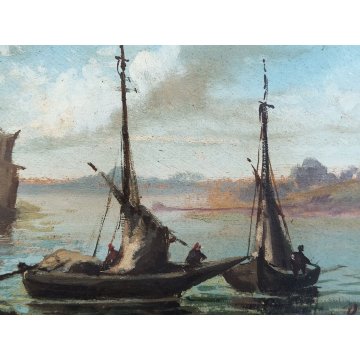 COPPIA ANTICO QUADRO olio tavola DIPINTO Ruffoni MARINA PESCATORI BARCHE A VELA