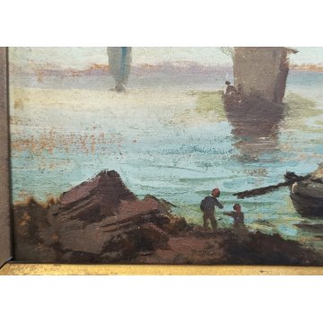 COPPIA ANTICO QUADRO olio tavola DIPINTO Ruffoni MARINA PESCATORI BARCHE A VELA