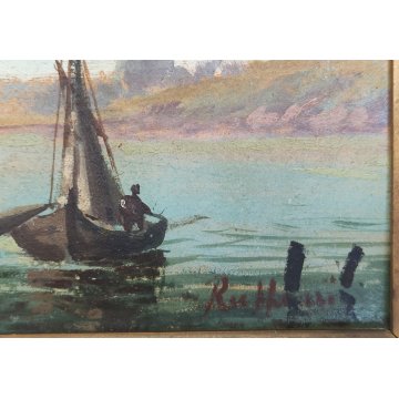 COPPIA ANTICO QUADRO olio tavola DIPINTO Ruffoni MARINA PESCATORI BARCHE A VELA