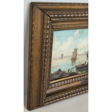 COPPIA ANTICO QUADRO olio tavola DIPINTO Ruffoni MARINA PESCATORI BARCHE A VELA