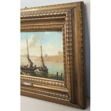 COPPIA ANTICO QUADRO olio tavola DIPINTO Ruffoni MARINA PESCATORI BARCHE A VELA